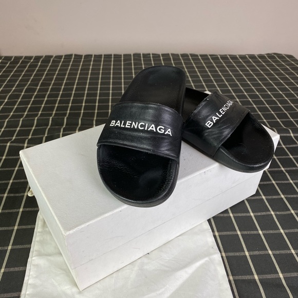 Balenciaga Shoes - Balenciaga Black Leather Logo Sandal